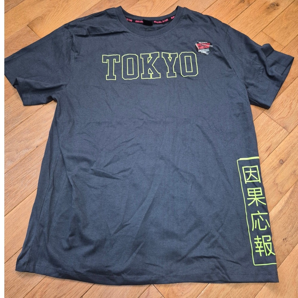 Rebellious Culture Tokyo Great Wave Graphic Tee Charcoal Grey Neon Green Large
